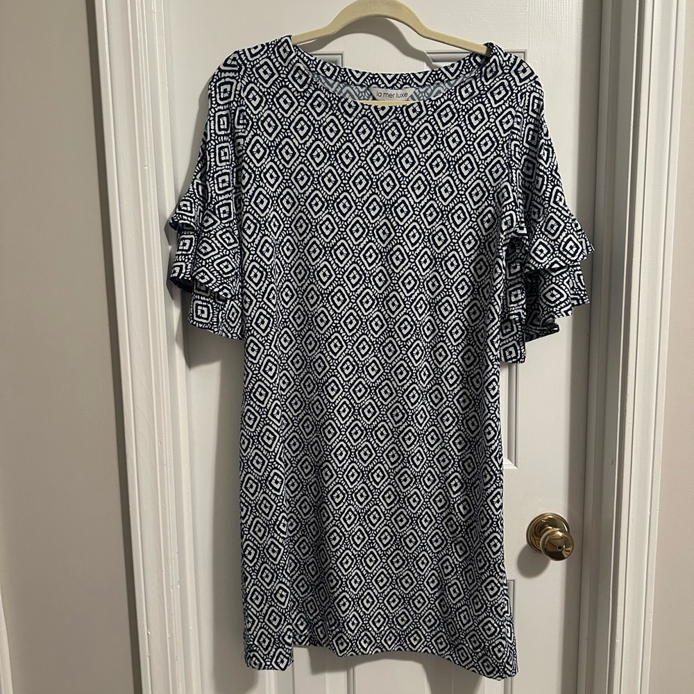 La Mer Luxe Navy Geometric Ruffle Sleeve Dress – Size Small